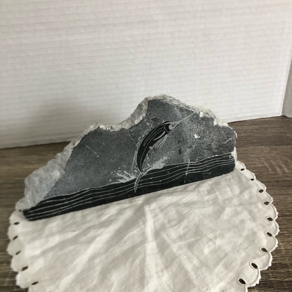 Vtg EngArt Hand Carved Stone Marlin Design Art Sculpture
